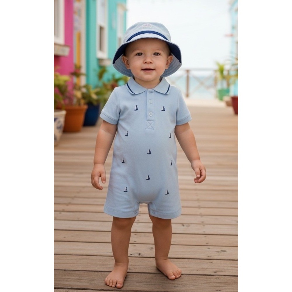 New Little Me Romper Nautical Sailboats Blue Size 9 Months Hat 9 12 Month NWT
